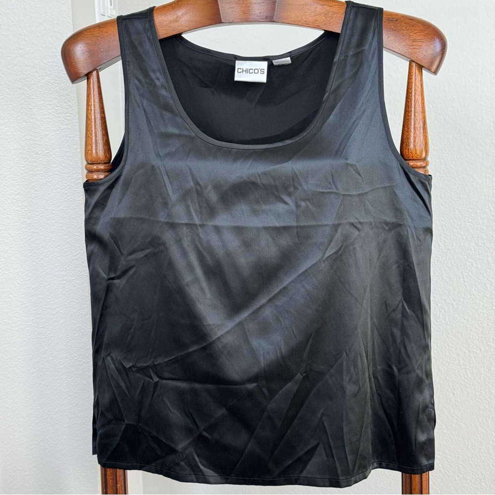 Chico’s Black Silk Cami Tank Top Size 1 L Minimalist Business Casual Shell
